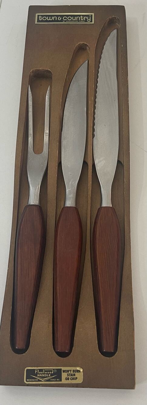Vintage MCM Town & Country Washington Forge Fleetwood Teak Carving Knife Fork